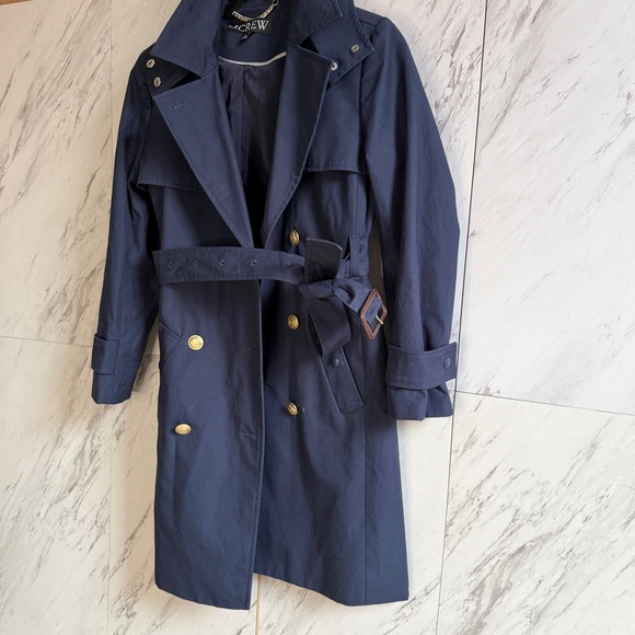 J. Crew Navy Icon Double-Breasted Belted Hooded Cotton Petite Trench Coat SZ 2P - Picture 4 of 13